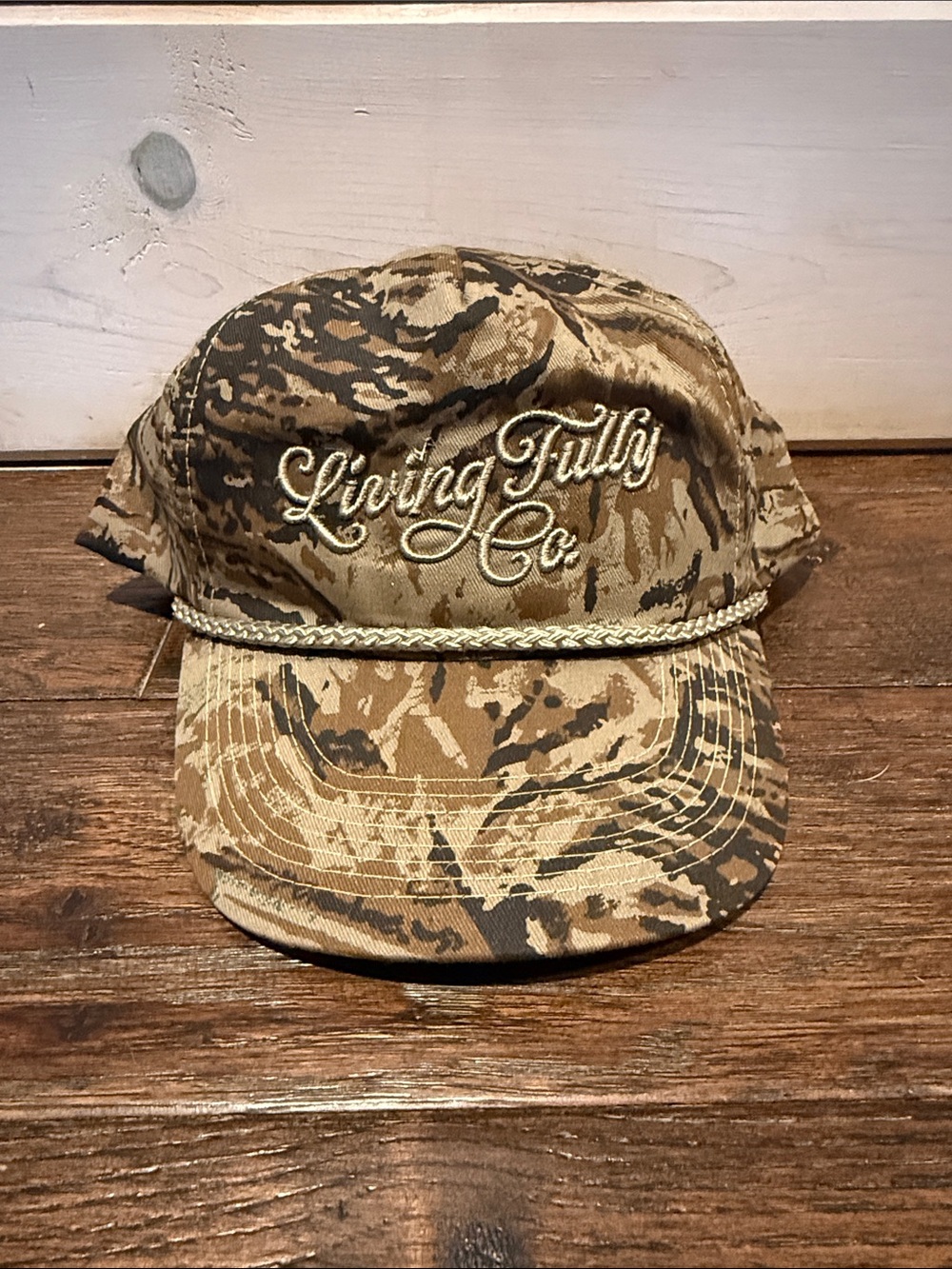 Living Fully Co. Tan Camo Rope-Trim Cap